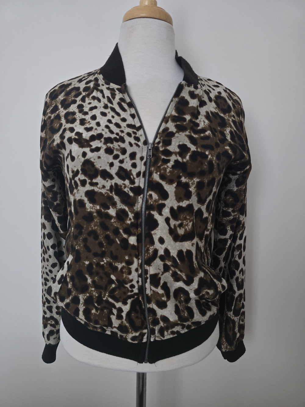 Silk Leopard Print Bomber Jacket in Brown and Black Size XS-S